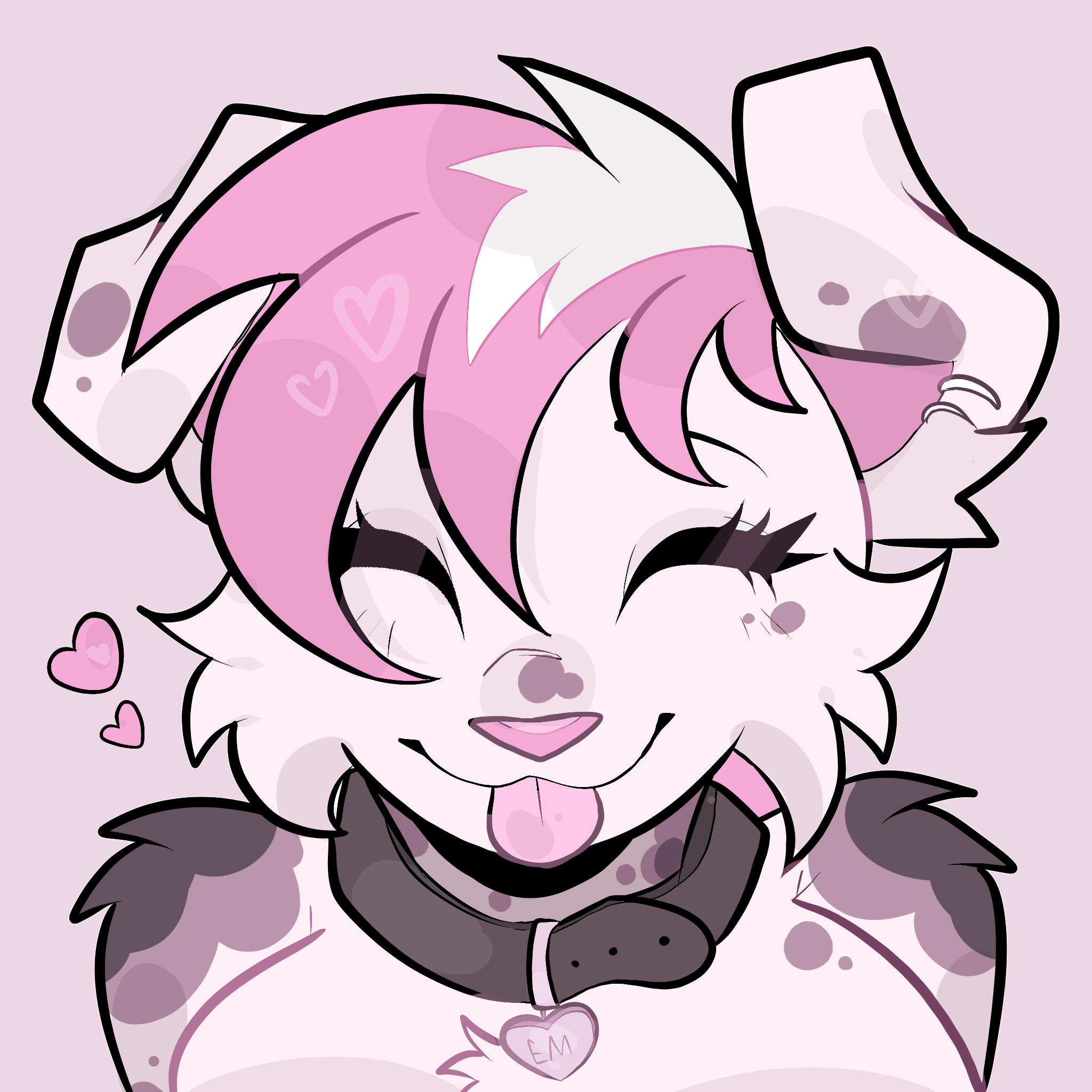 Emery, a pink and white dog-fox with her eyes closed and tongue out making a silly face. She is wearing a collar with a heart-shaped pendant that says "Em."