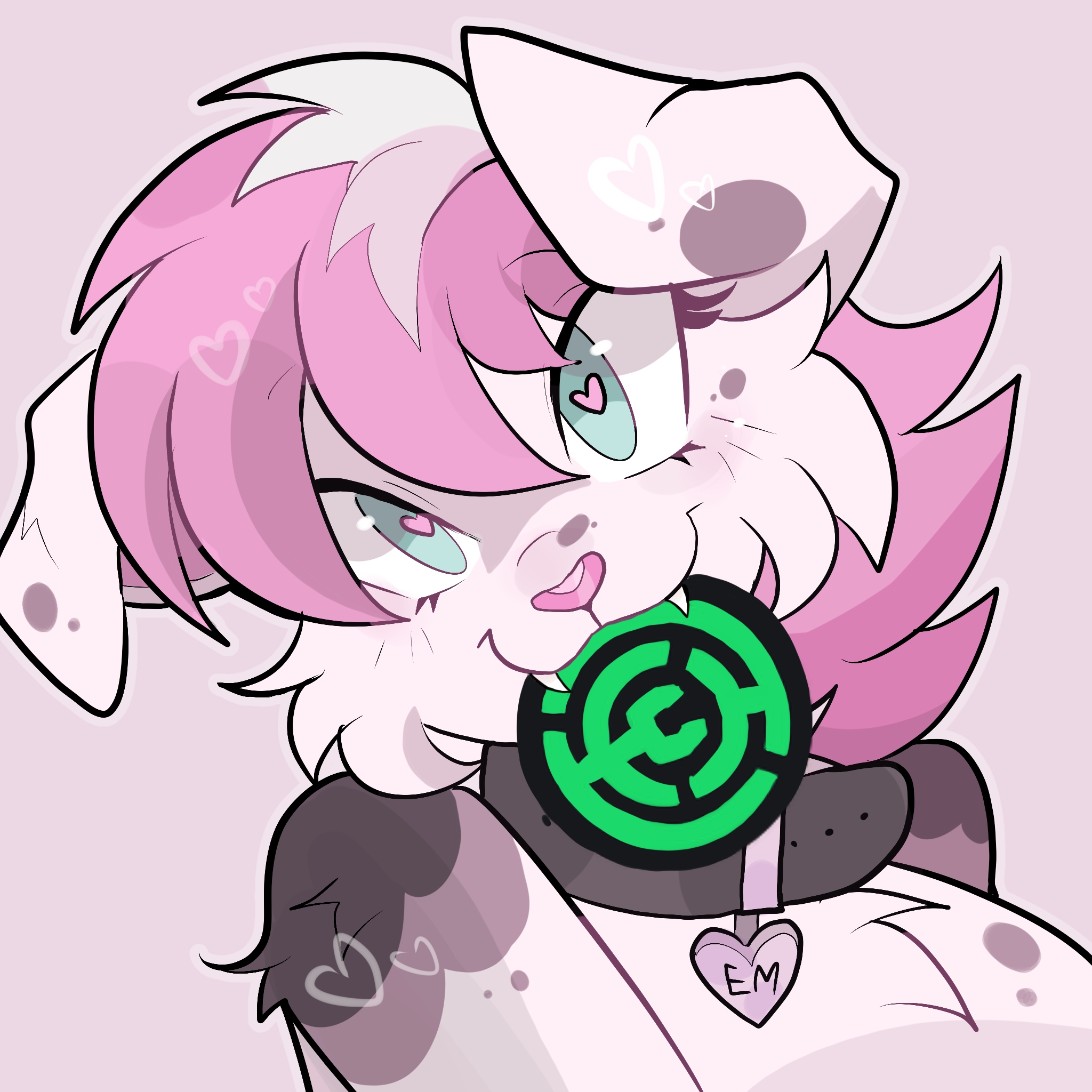 Emery, a pink and white dog-fox looking into the camera with her head tilted and a Modrinth logo in her mouth. The irises of her eyes are blue and her pupils are pink and heart-shaped. She is wearing a collar with a heart-shaped pendant that says "Em."