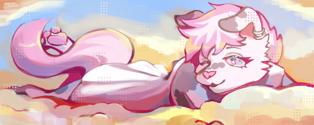 Emery, a pink and white dog-fox laying on clouds. The sky and clouds are very warmly colored. Em is wearing a white sundress.