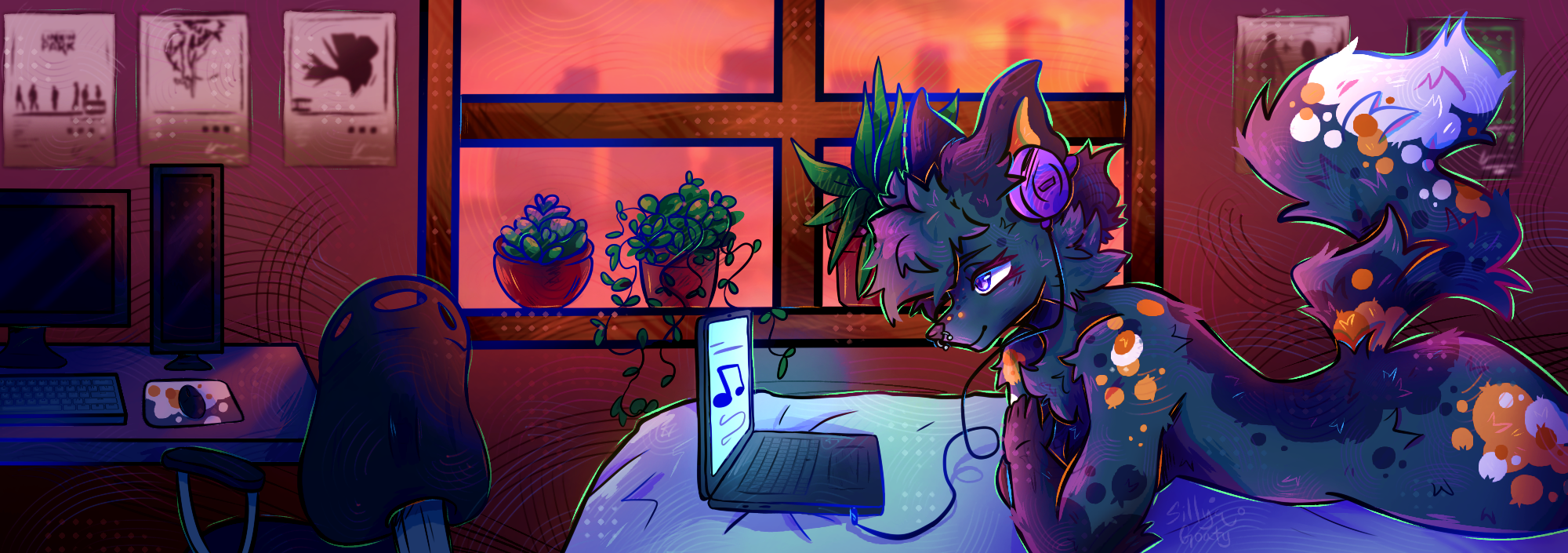 Remy, a fluffy, gray, orange, and white fox. She is in her bed, laying on her stomach, listening to music on a laptop. Outside the window is a view of city buildings at dusk. There are posters of various Linkin Park albums on her purple wall. To the left, there is a desk with a desktop computer, a keyboard, and a mouse with a chair in front.